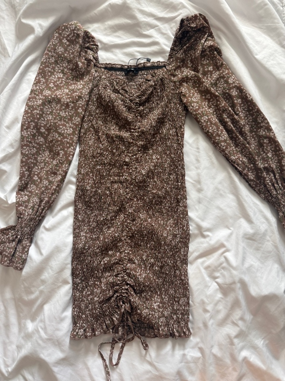 Smocked Brown Floral Long-Sleeve Mini Dress